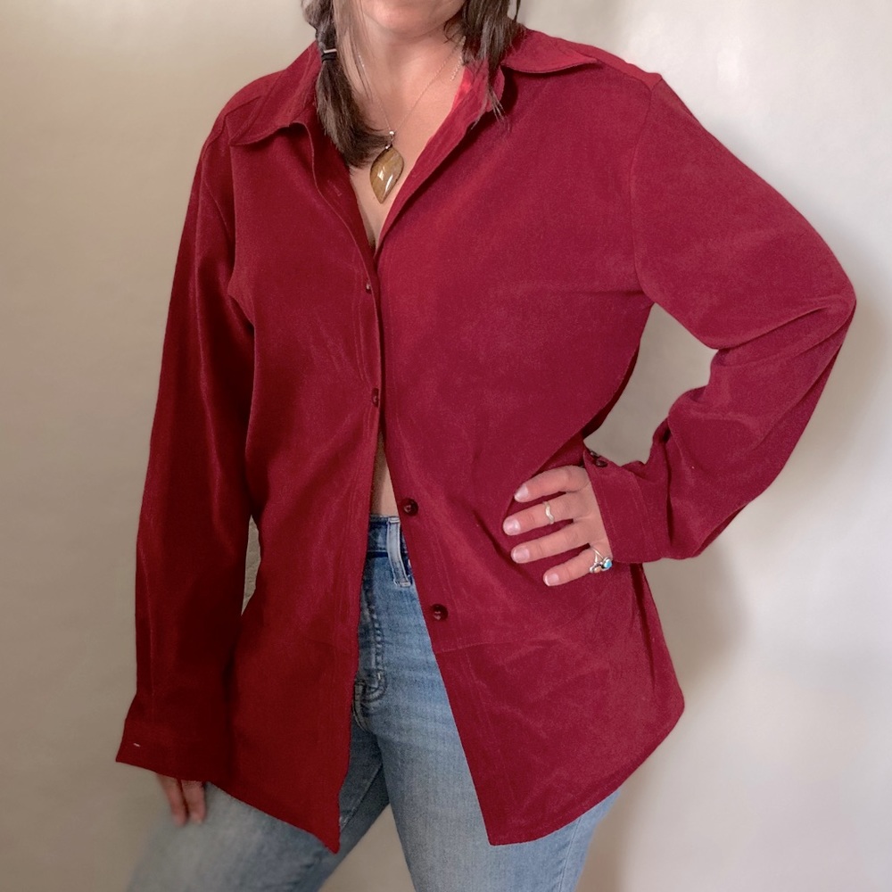 Red Velvet Button Down Collared Shirt | L